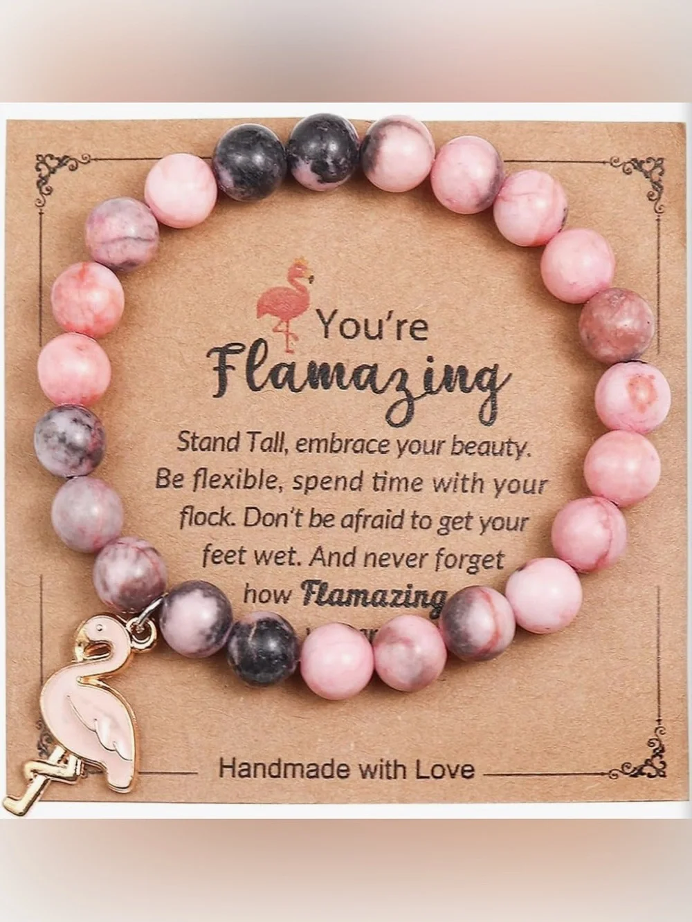 ❤️ Flamingo Lover Bracelet Jewelry Pink Stone Beaded Charm Bracelet Gift - Picture 1 of 1